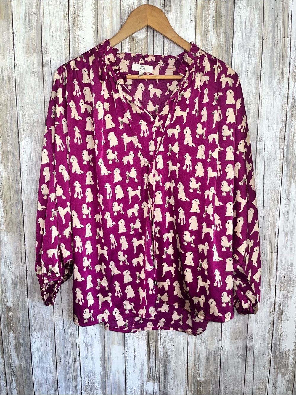 Entro Dog Print Blouse M Pink Poodle Print Flowy Boho Tie Neck Long Sleeve Top - Picture 2 of 6